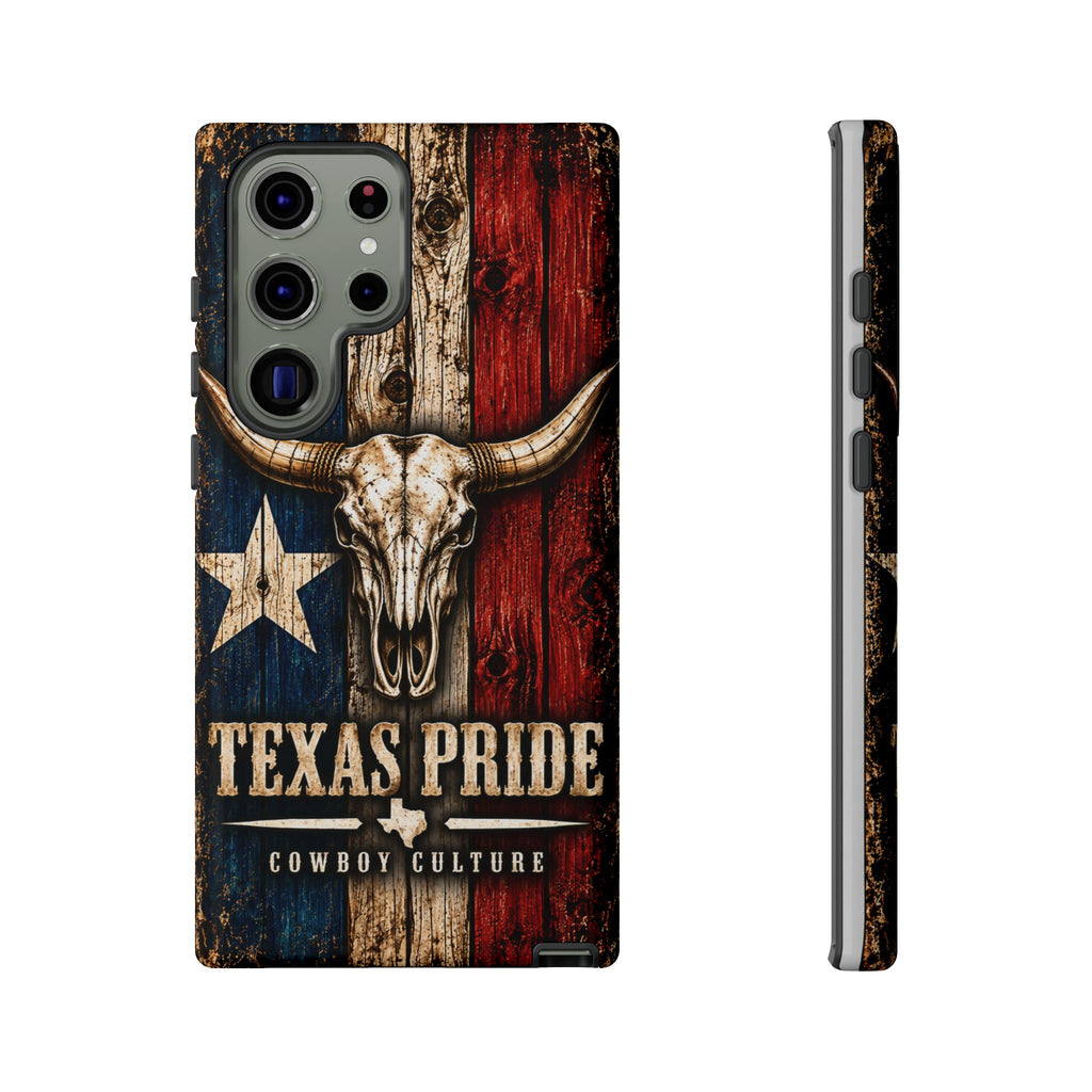 Cowboy Culture Texas Pride phone case with Texas flag and longhorn skull artwork