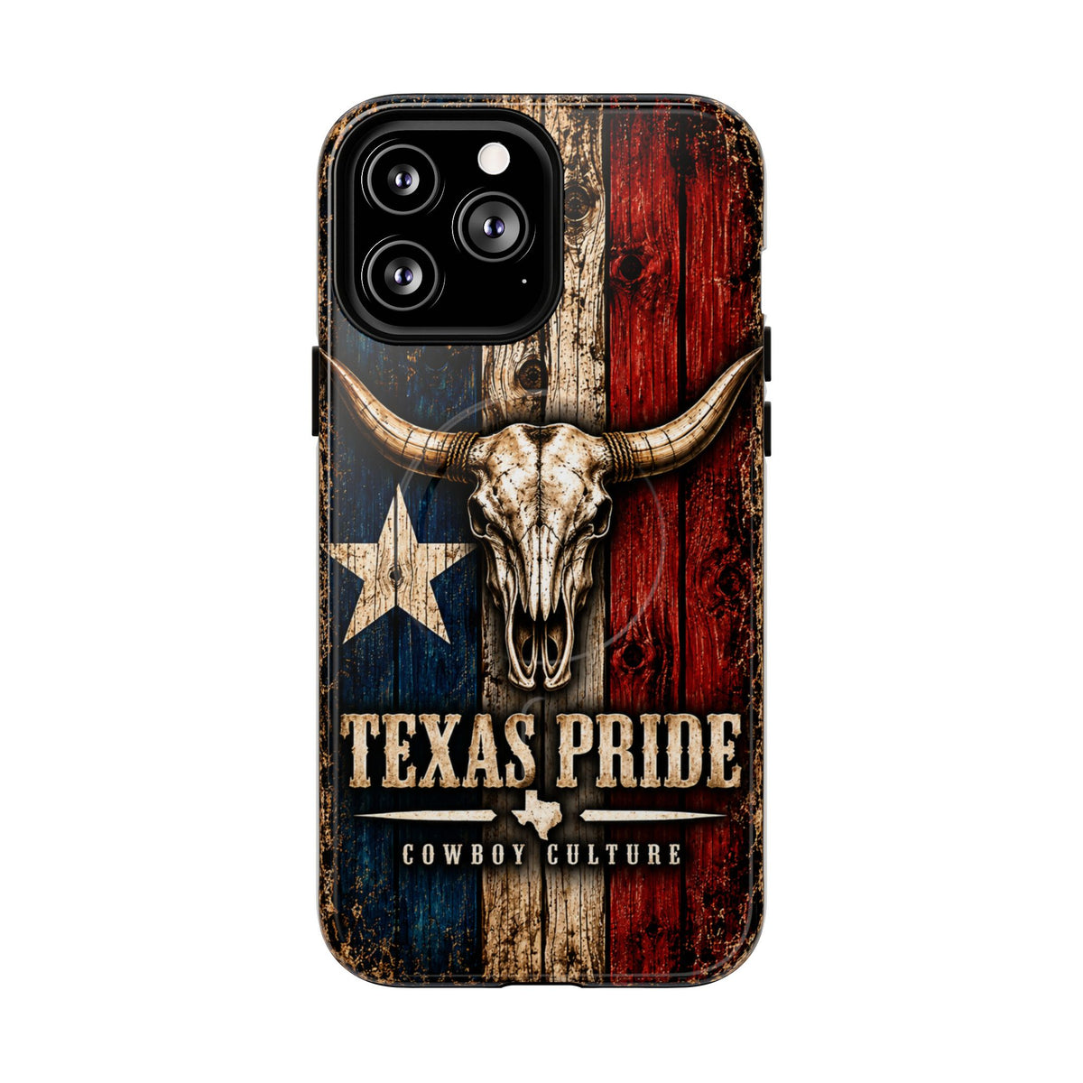 Cowboy Culture Texas Pride magnetic phone case with Texas flag and longhorn skull artwork