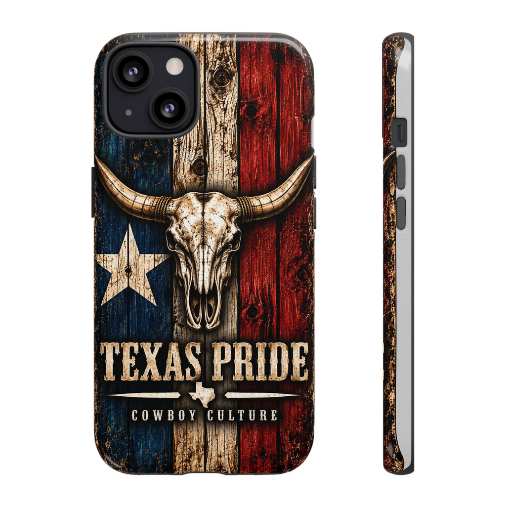 Cowboy Culture Texas Pride phone case with Texas flag and longhorn skull artwork