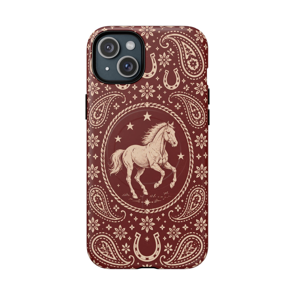 Tough Magnetic Case – Vintage Western Horse Paisley Design — iPhone 15 Plus / Matte