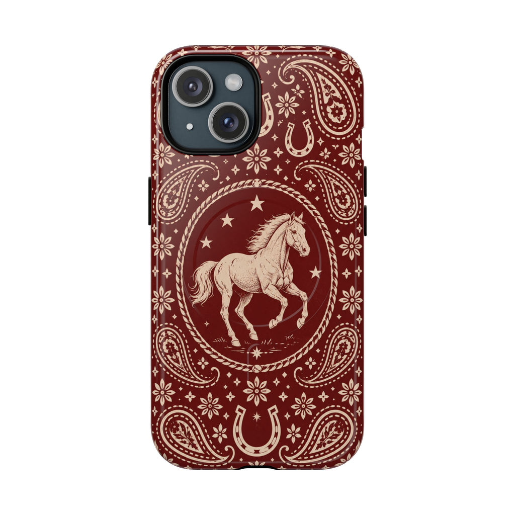 Tough Magnetic Case – Vintage Western Horse Paisley Design — iPhone 15 / Glossy