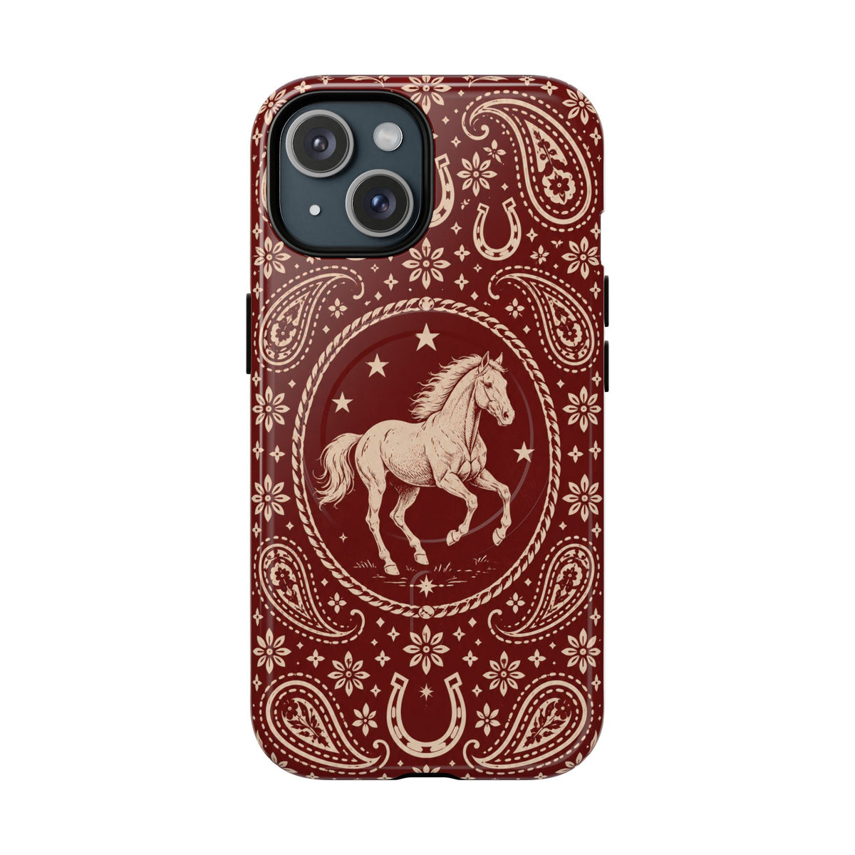 Tough Magnetic Case – Vintage Western Horse Paisley Design — iPhone 15 / Glossy
