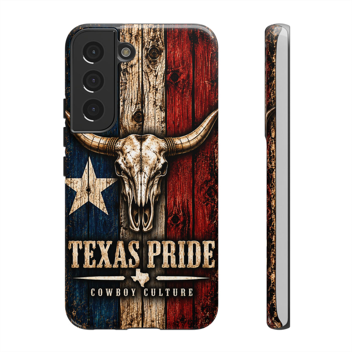 Cowboy Culture Texas Pride phone case with Texas flag and longhorn skull artwork