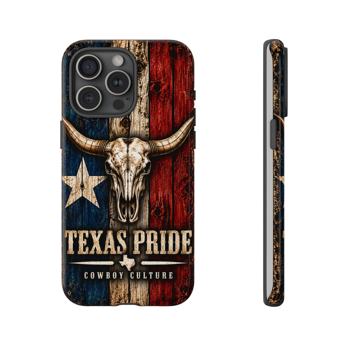 Cowboy Culture Texas Pride phone case with Texas flag and longhorn skull artwork