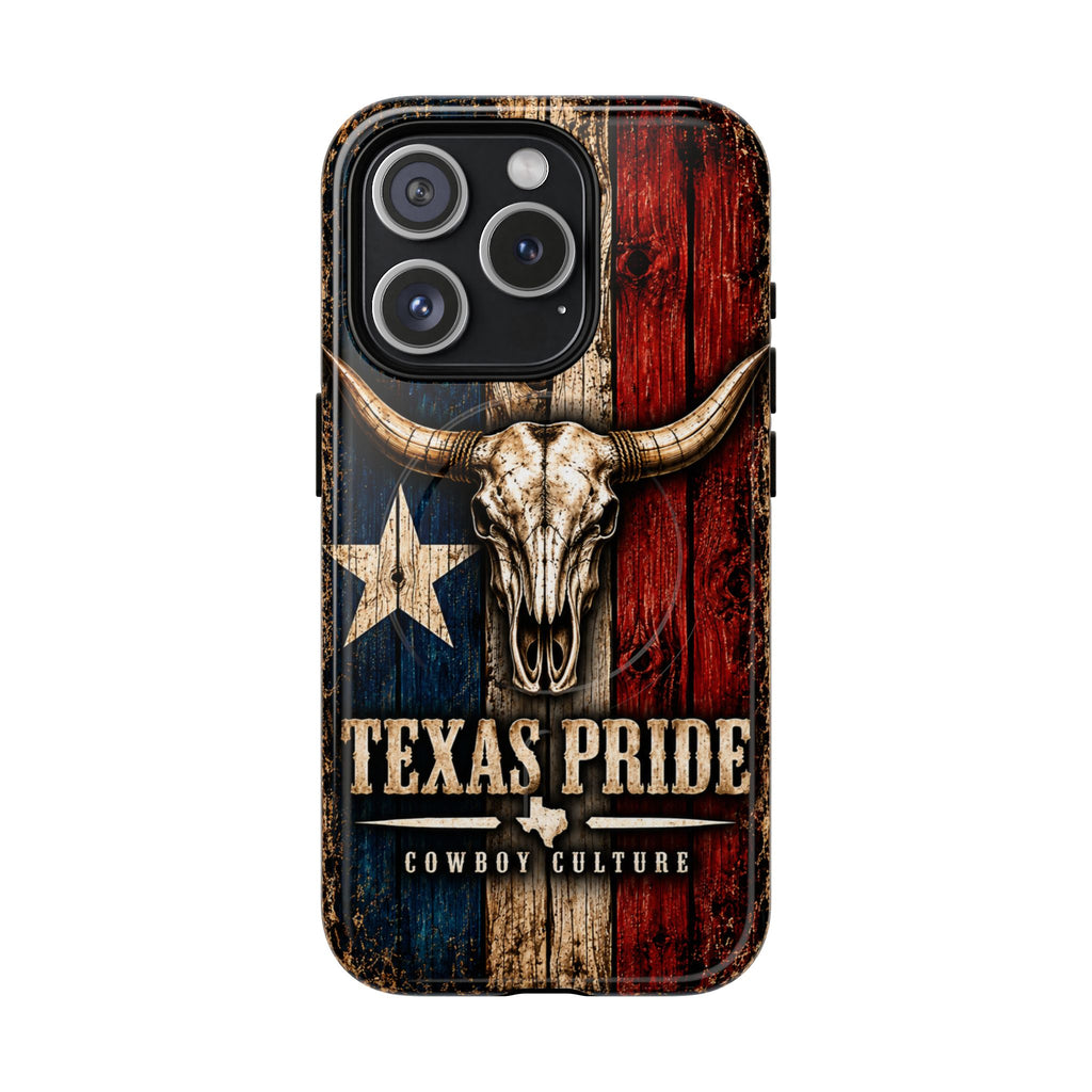 Cowboy Culture Texas Pride magnetic phone case with Texas flag and longhorn skull artwork