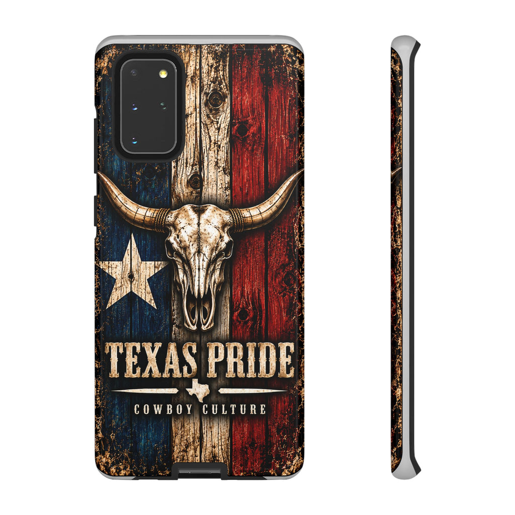 Cowboy Culture Texas Pride phone case with Texas flag and longhorn skull artwork