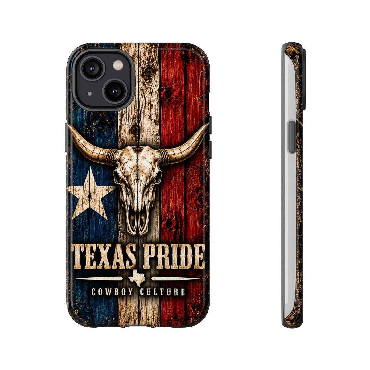 Cowboy Culture Texas Pride phone case with Texas flag and longhorn skull artwork