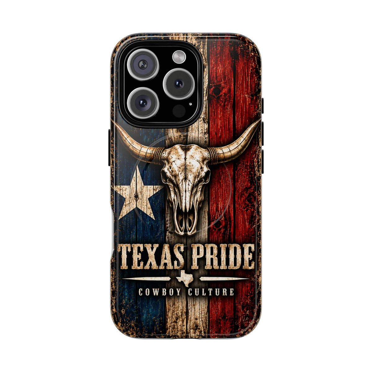 Cowboy Culture Texas Pride magnetic phone case with Texas flag and longhorn skull artwork