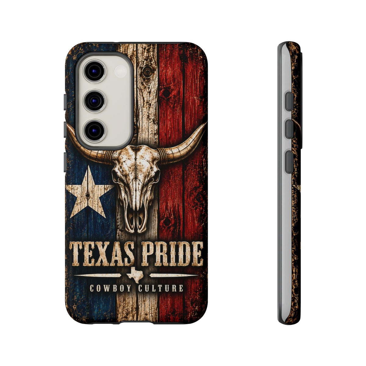 Cowboy Culture Texas Pride phone case with Texas flag and longhorn skull artwork