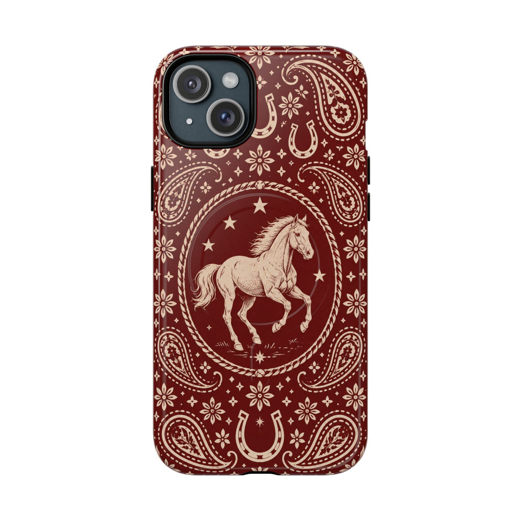 Tough Magnetic Case – Vintage Western Horse Paisley Design — iPhone 15 Plus / Glossy