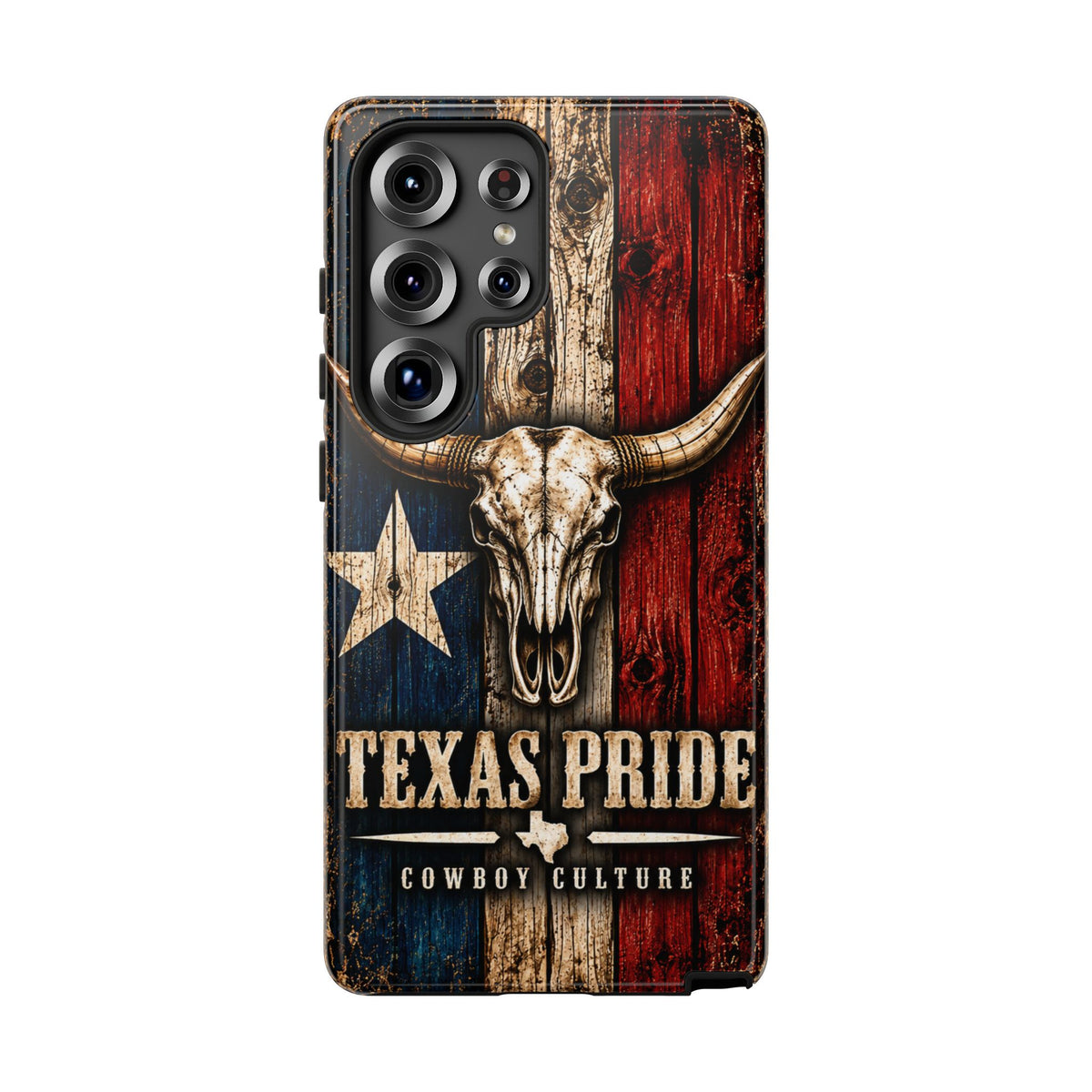 Cowboy Culture Texas Pride phone case with Texas flag and longhorn skull artwork