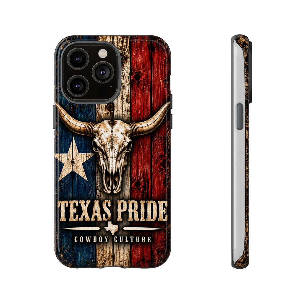Cowboy Culture Texas Pride phone case with Texas flag and longhorn skull artwork