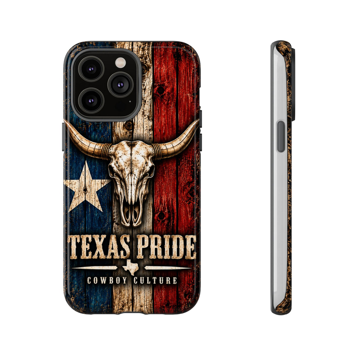 Cowboy Culture Texas Pride phone case with Texas flag and longhorn skull artwork