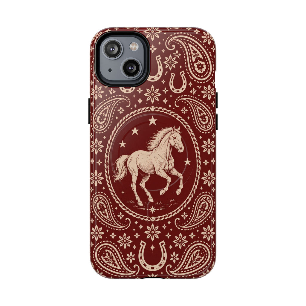 Tough Magnetic Case – Vintage Western Horse Paisley Design — iPhone 14 Plus / Glossy