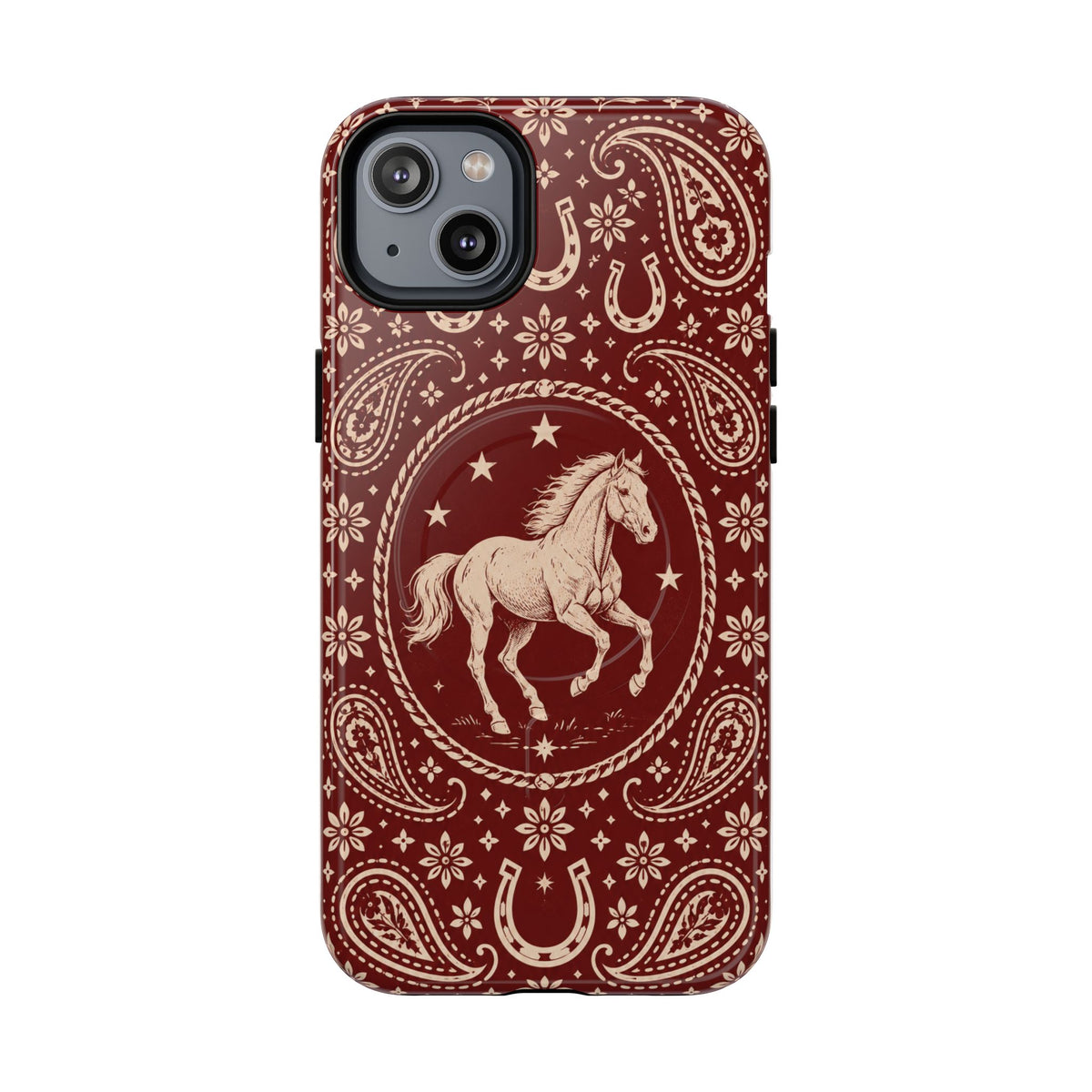Tough Magnetic Case – Vintage Western Horse Paisley Design — iPhone 14 Plus / Glossy