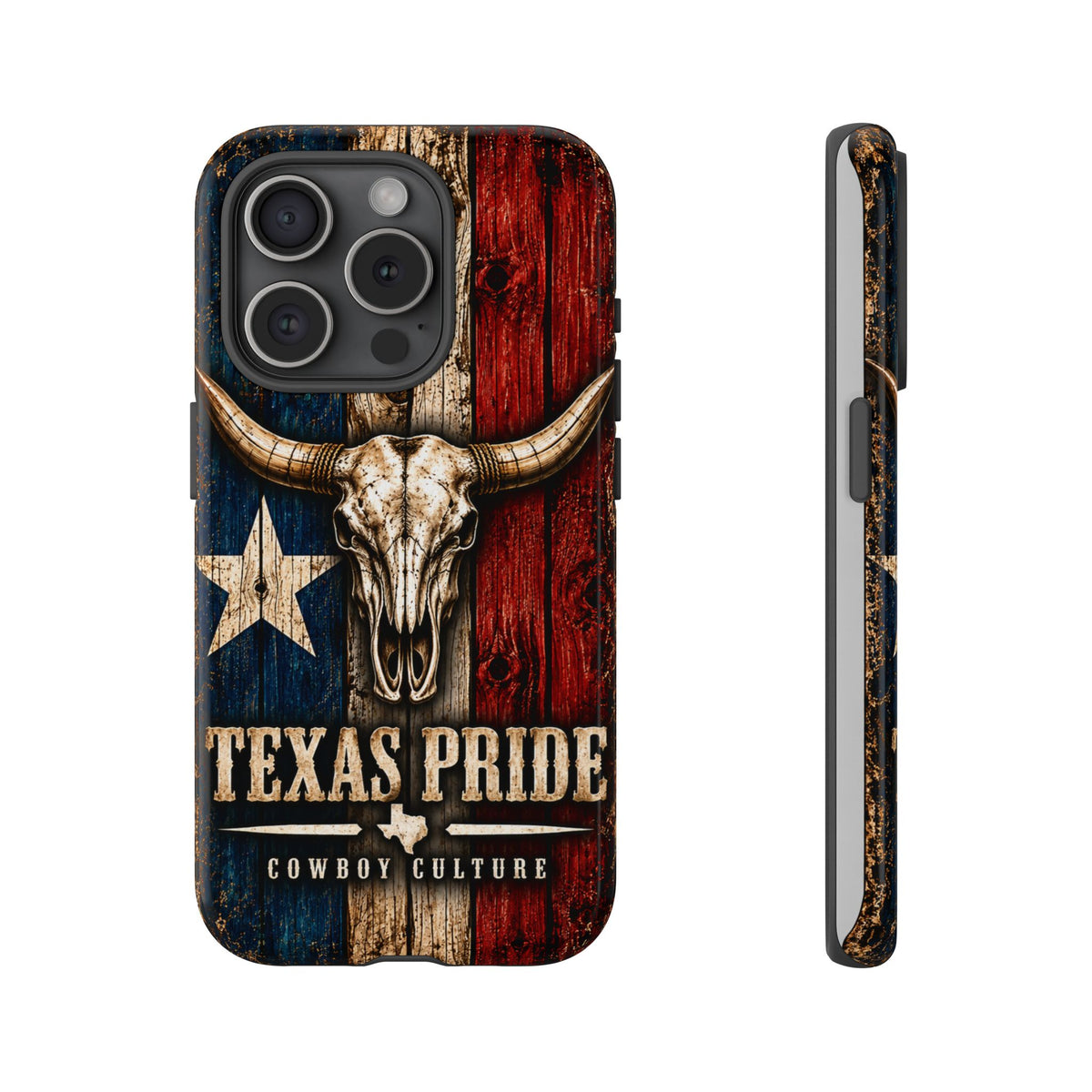 Cowboy Culture Texas Pride phone case with Texas flag and longhorn skull artwork