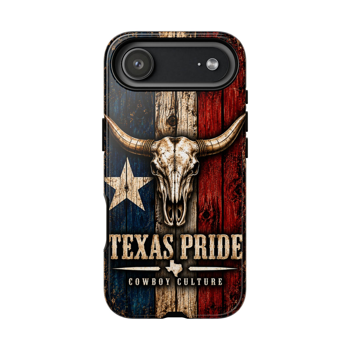 Cowboy Culture Texas Pride phone case with Texas flag and longhorn skull artwork
