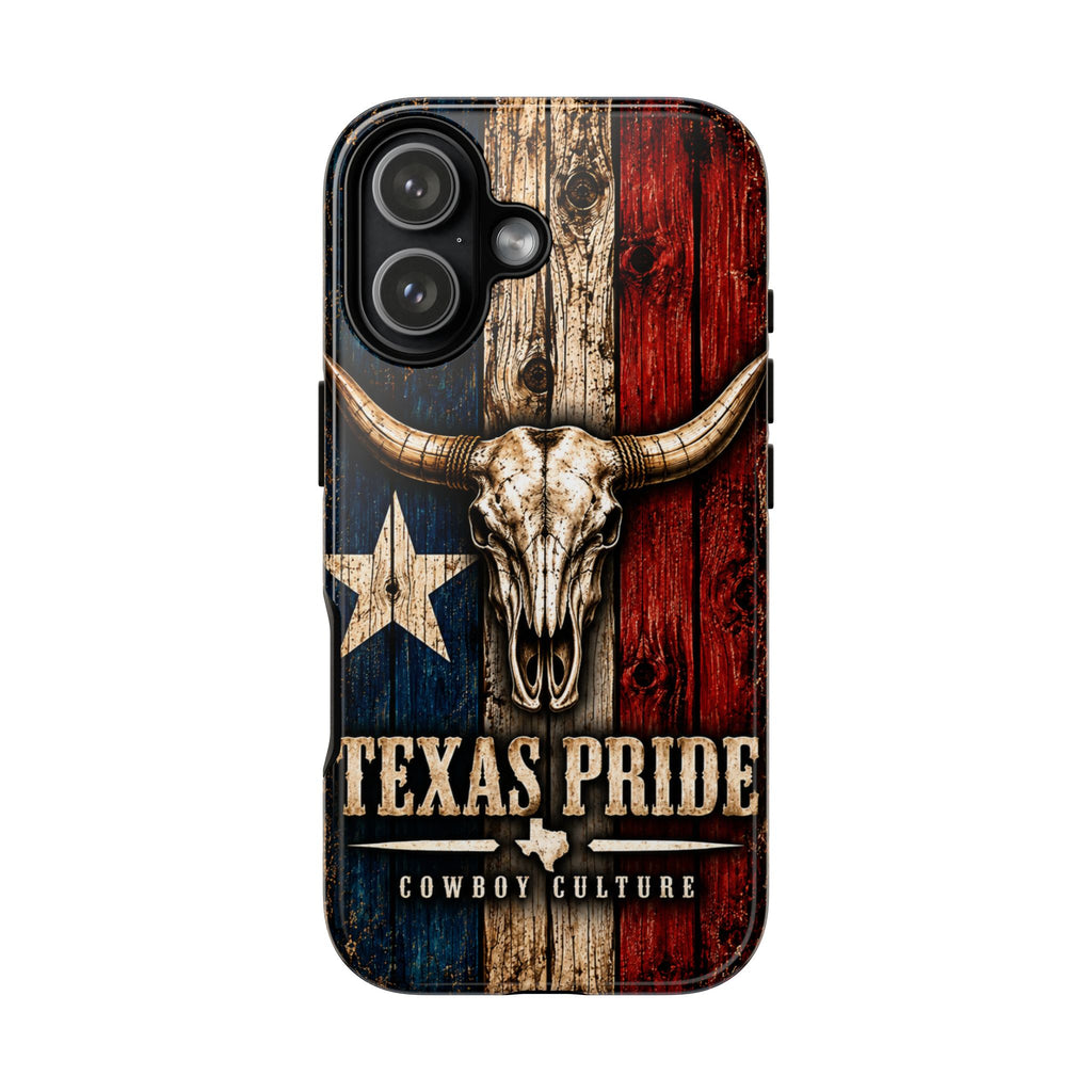 Cowboy Culture Texas Pride phone case with Texas flag and longhorn skull artwork