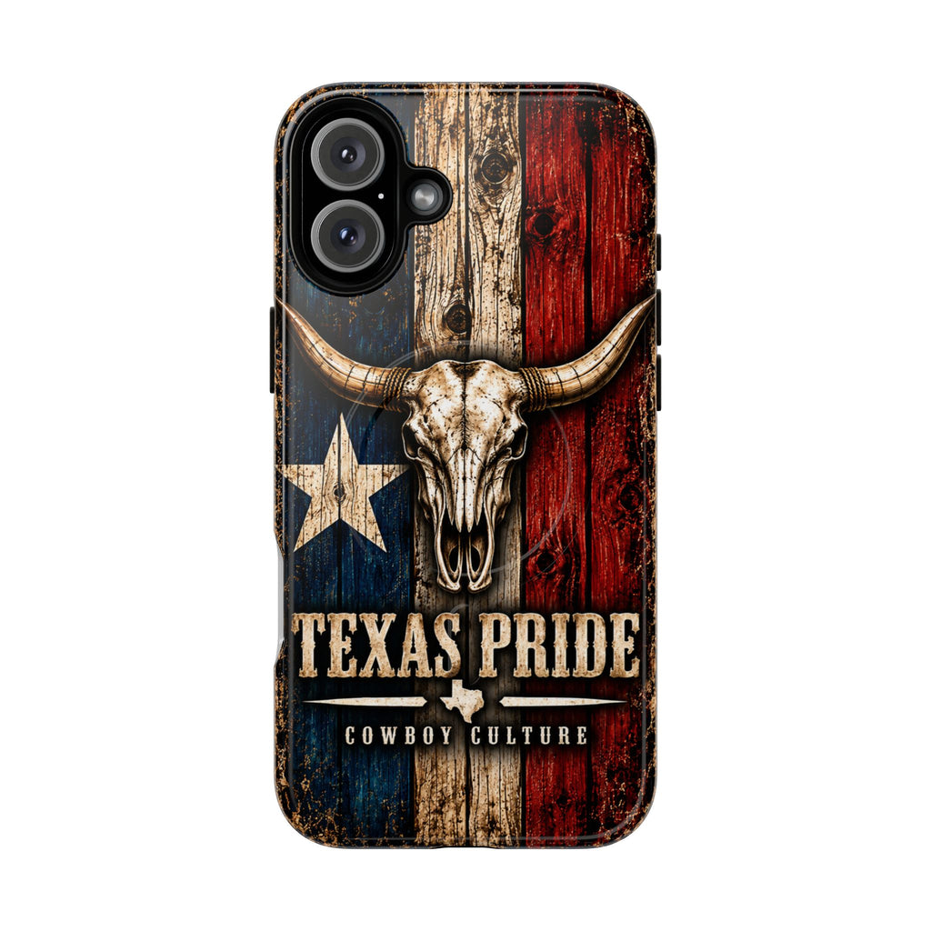 Cowboy Culture Texas Pride magnetic phone case with Texas flag and longhorn skull artwork