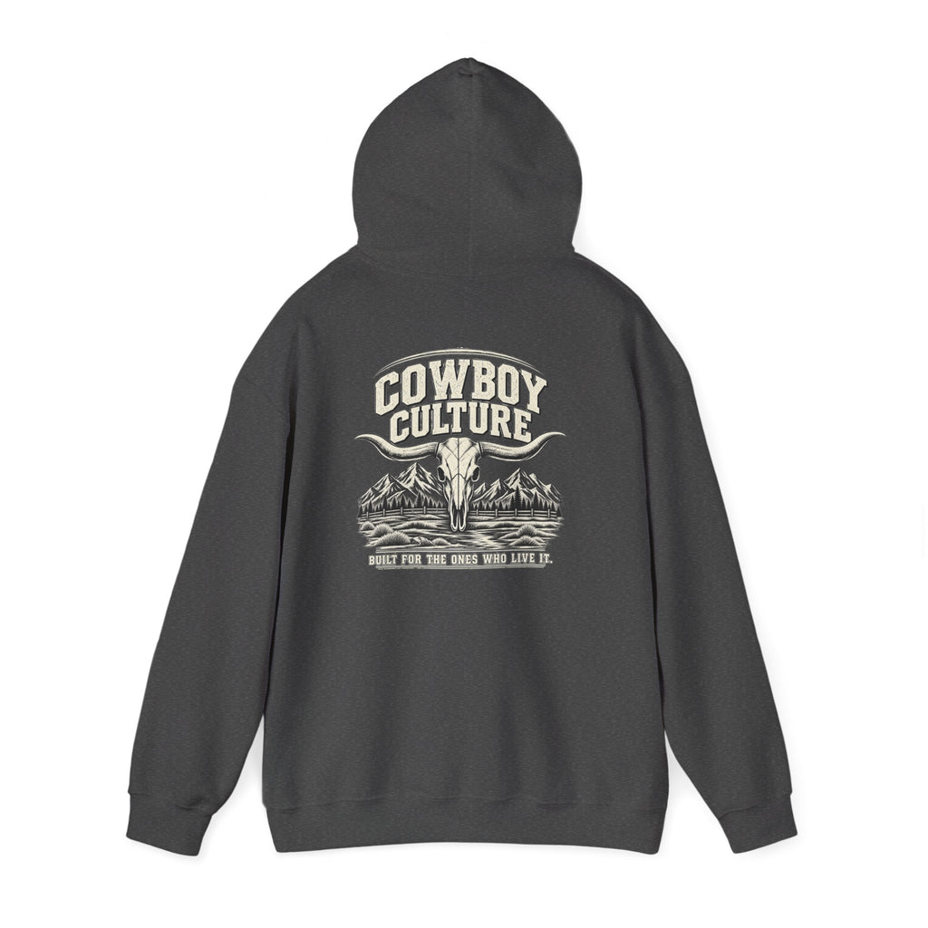 Cowboy Culture Mountain Skull western hoodie — apparel mockup