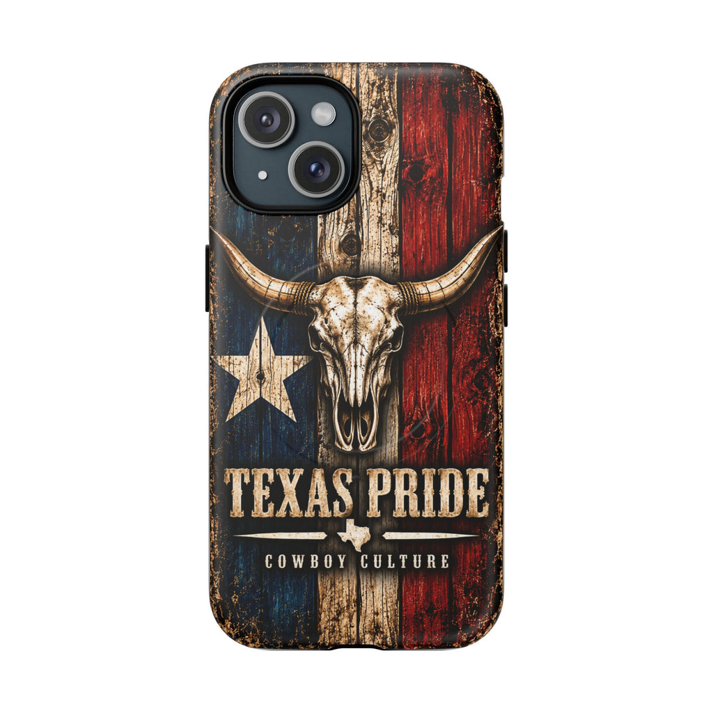 Cowboy Culture Texas Pride magnetic phone case with Texas flag and longhorn skull artwork