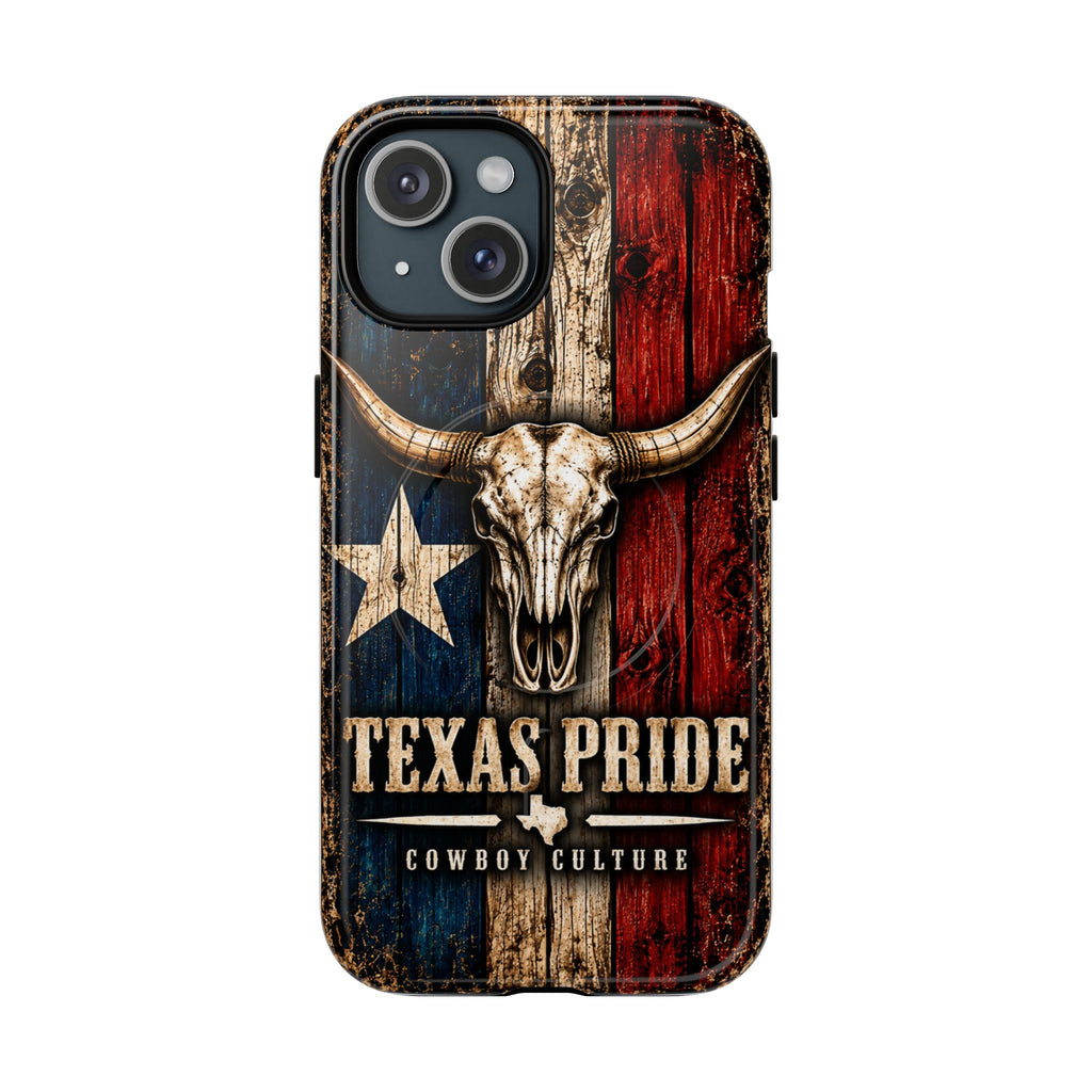Cowboy Culture Texas Pride magnetic phone case with Texas flag and longhorn skull artwork