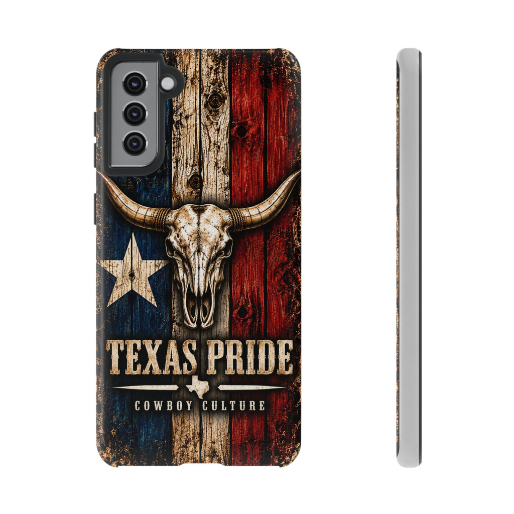 Cowboy Culture Texas Pride phone case with Texas flag and longhorn skull artwork