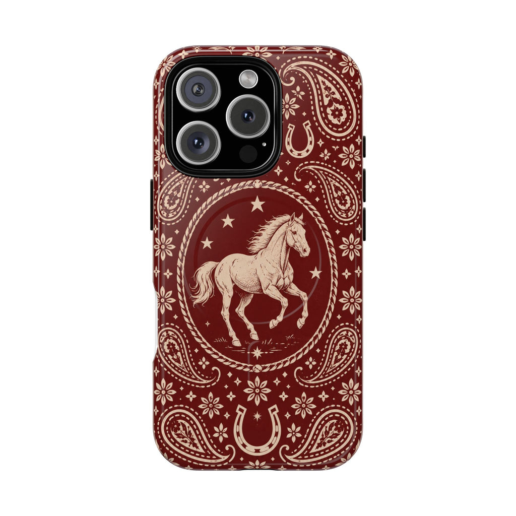 Tough Magnetic Case – Vintage Western Horse Paisley Design — iPhone 16 Pro / Glossy