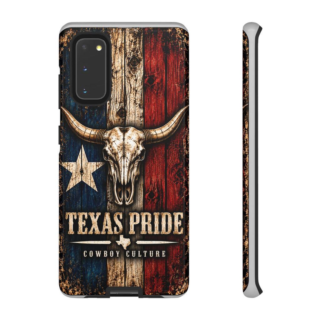 Cowboy Culture Texas Pride phone case with Texas flag and longhorn skull artwork