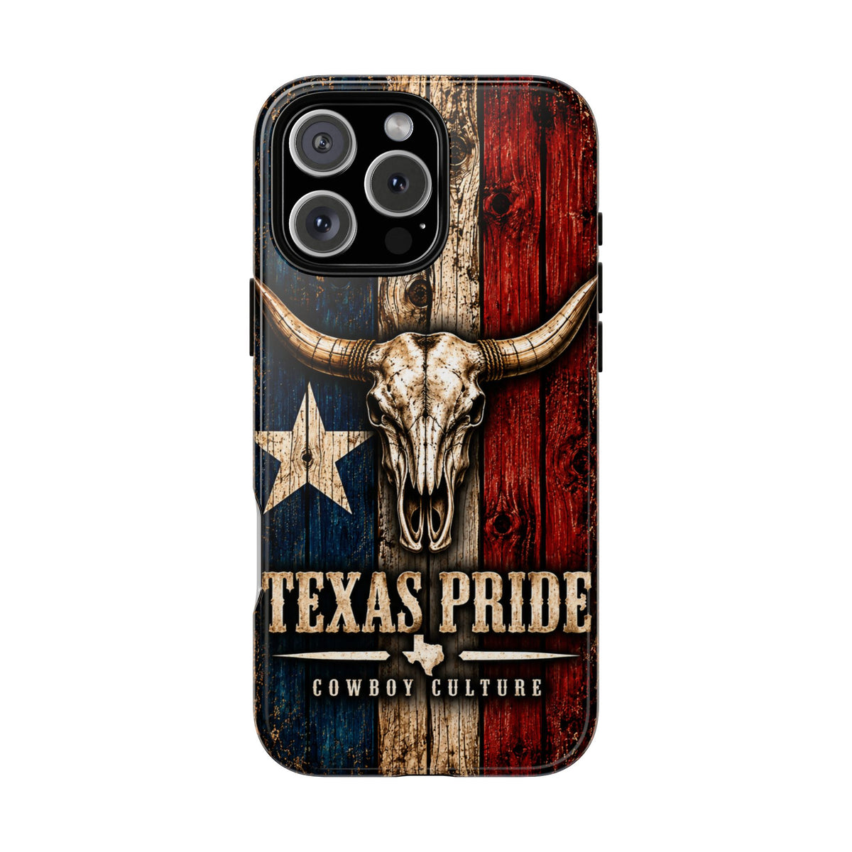 Cowboy Culture Texas Pride phone case with Texas flag and longhorn skull artwork