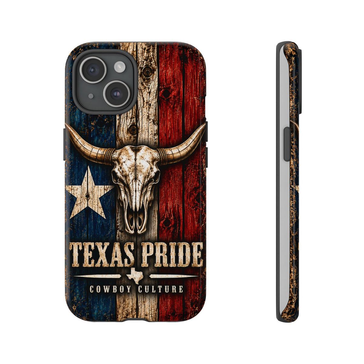 Cowboy Culture Texas Pride phone case with Texas flag and longhorn skull artwork