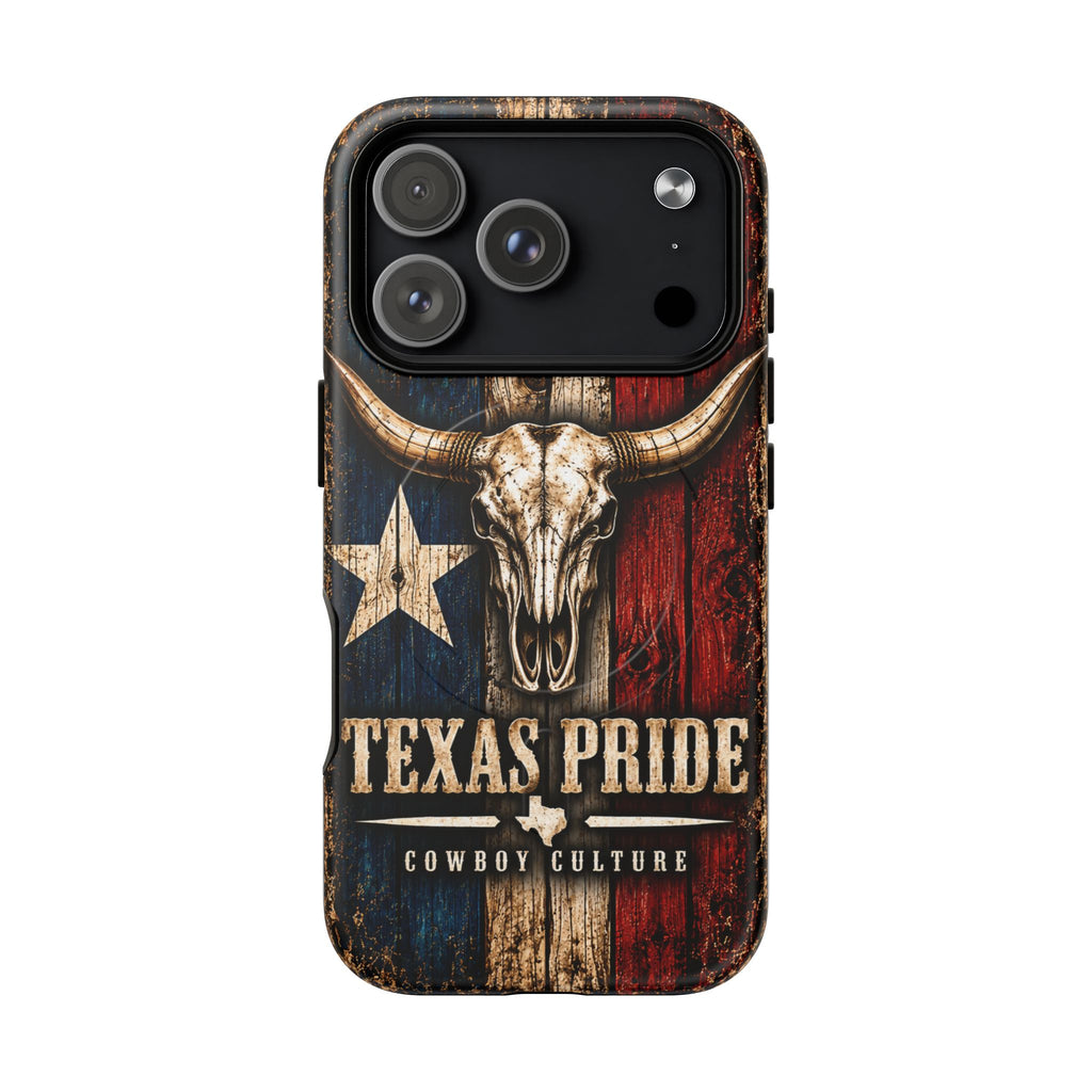 Cowboy Culture Texas Pride magnetic phone case with Texas flag and longhorn skull artwork