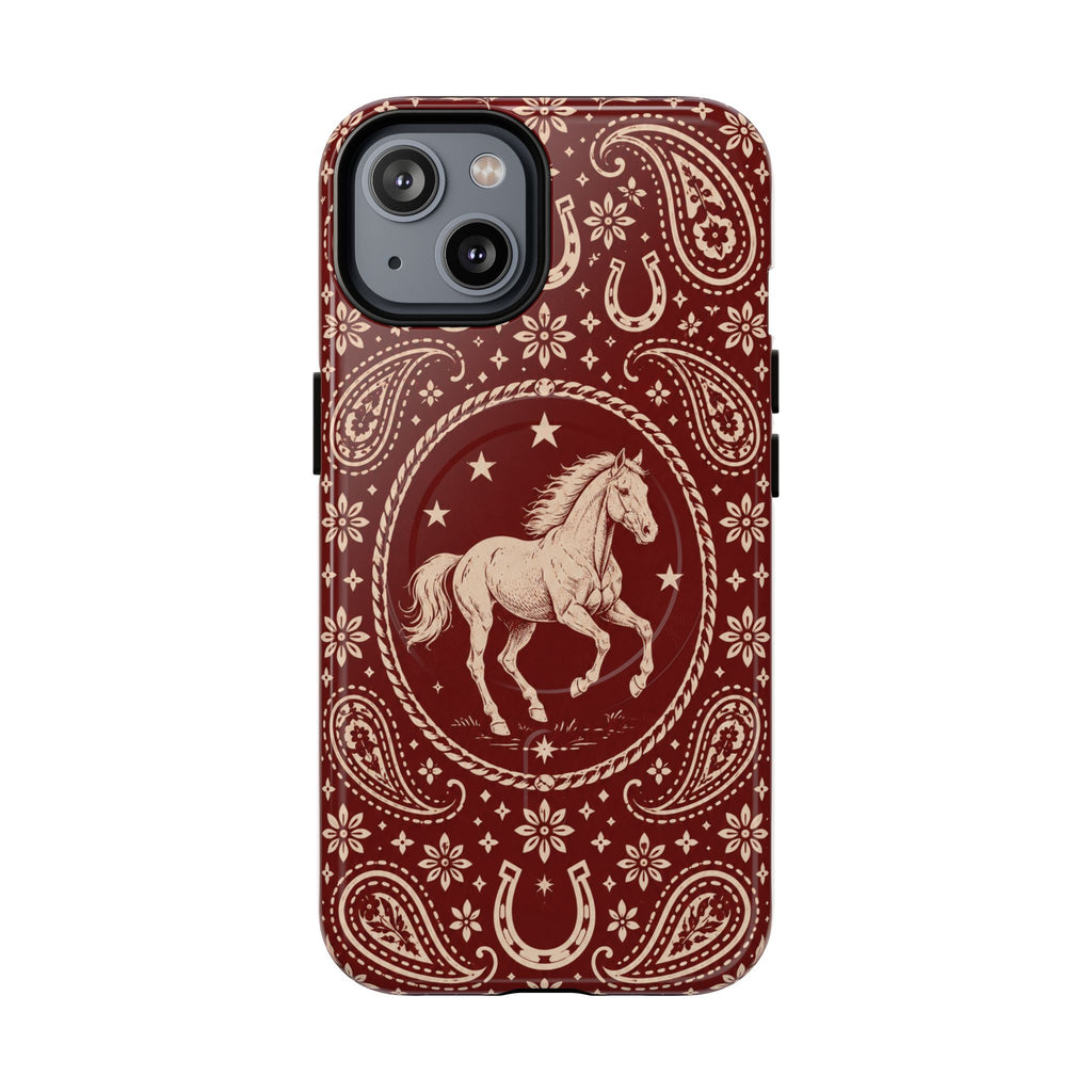 Tough Magnetic Case – Vintage Western Horse Paisley Design — iPhone 14 / Glossy
