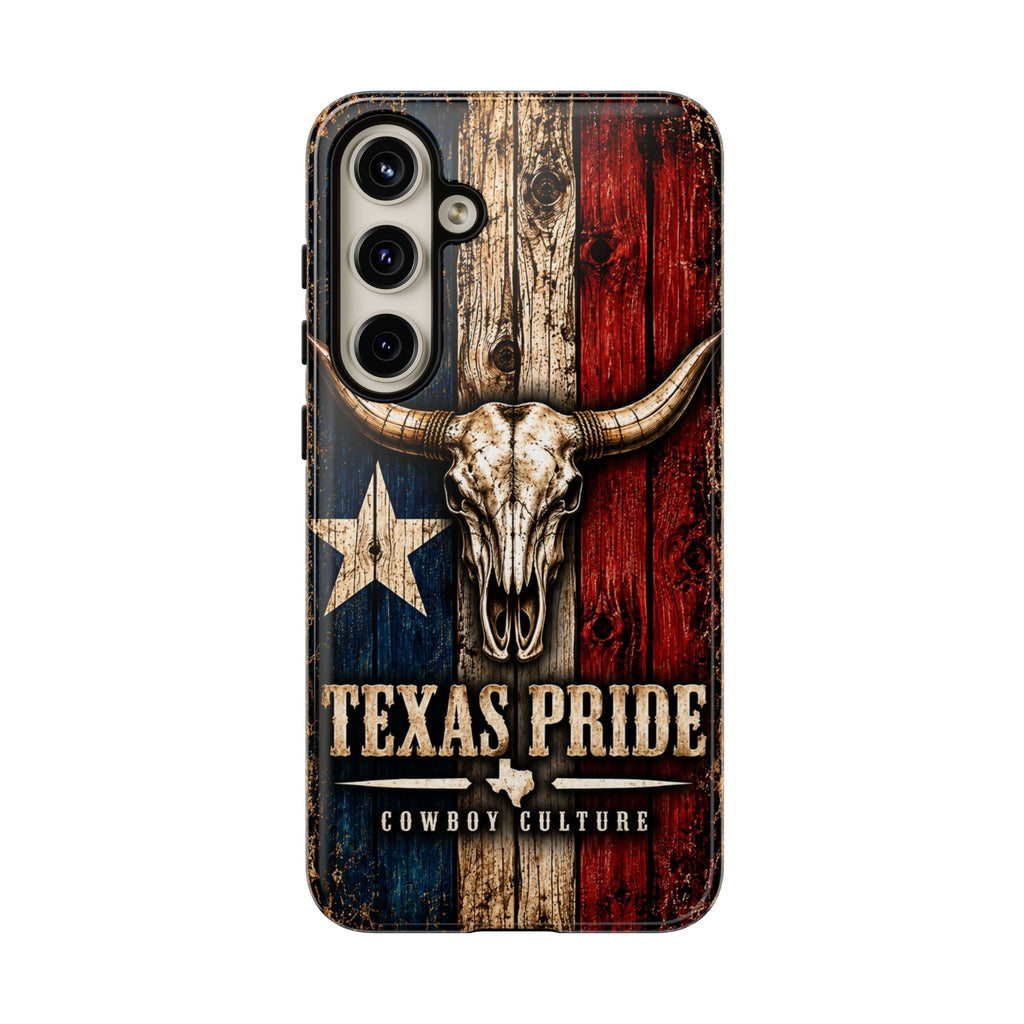 Cowboy Culture Texas Pride phone case with Texas flag and longhorn skull artwork