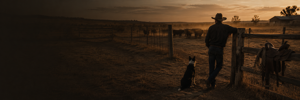 Cowboy Culture rural lifestyle banner with cowboy, working dog and cattle