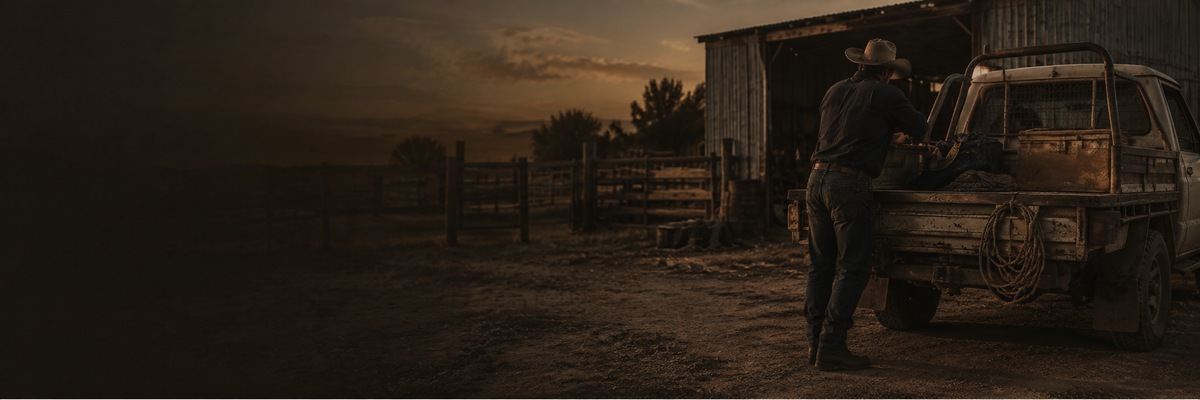 Cowboy Culture rural workwear banner with ute and farm shed