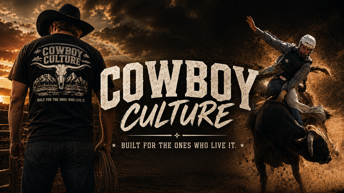 Cowboy Culture homepage hero with cowboy and bull rider